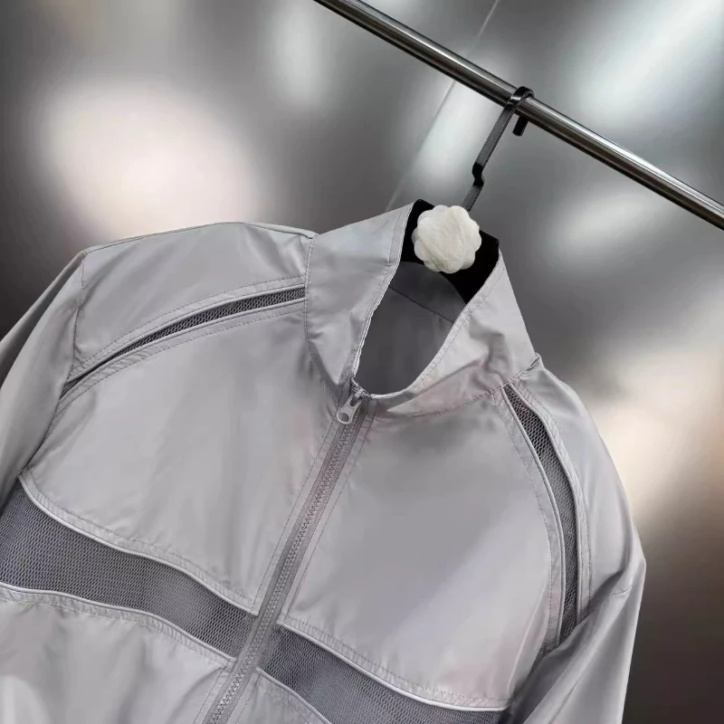 Summer 2025 Fashion Splicing Mesh Hollow Out Women's Jacket Loose Skinny Zipper Shoulder Padded Versatile Short Coats Ladies