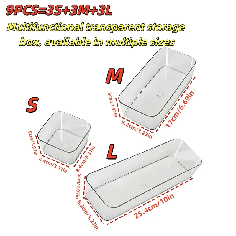 9-teiliges Set Transparenter Aufbewahrungsboxen, 3S+3M+3L, Ein Frei Kombinierbares Aufbewahrungsset für Zuhause, Büro, Küche und Schminktisch – Detail 5