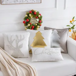 Soft Velvet Embroidered Cushion Cover for Sofa Silver Grey Deer Christmas Tree Bling Letter Pillow Case for Living Room