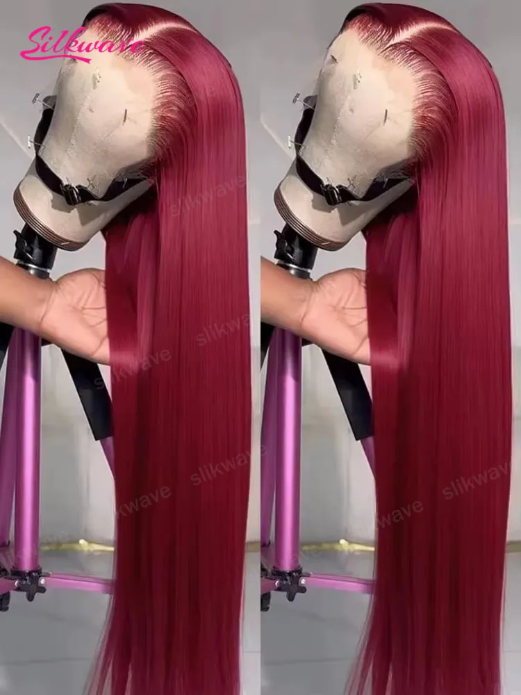 

Парик из натуральных волос 200 Density, цвет 99J Бордовый, идеально прямой, 30-32 дюйма, с HD кружевной фронтальной частью 13x6/13x4, винно-красный, бразильский, окрашенный