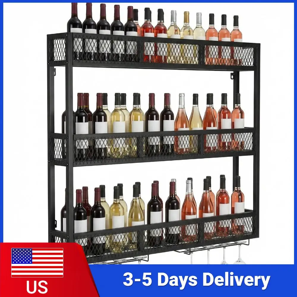 

39in 3-Tiers Wall-Mounted Wine Storage Organizer with Glass Holder Metal Wine Bottle Display Rack for Home Dining Room Kitchen