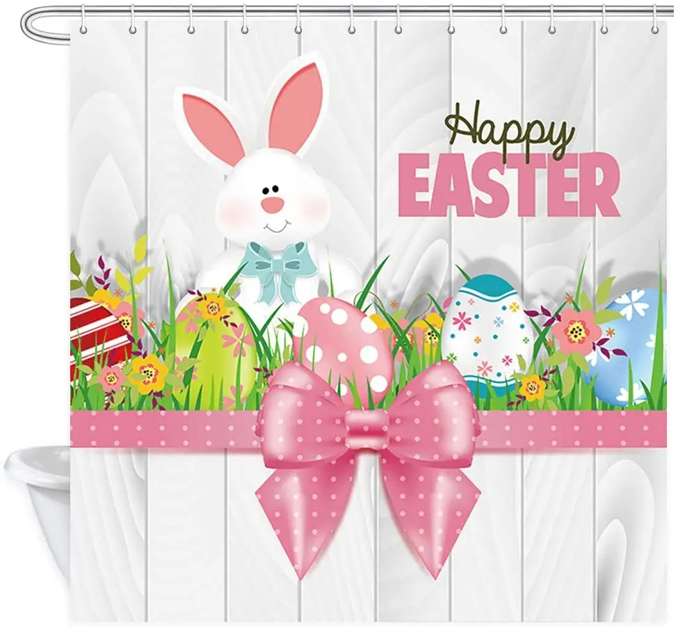 Happy Easter Shower Curtain Eggs Bunny Decoration Fresh Green Grass Flower Wooden Background Fabric Bath Curtains Set with Hooks