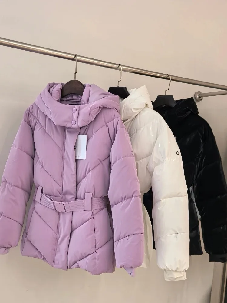 

Warm Zipper Parka Cotton-padded Jacket Thickened Long Down Ski Jacket for Women Winter Solid Pink Short Coat Belt Waist Skiwear