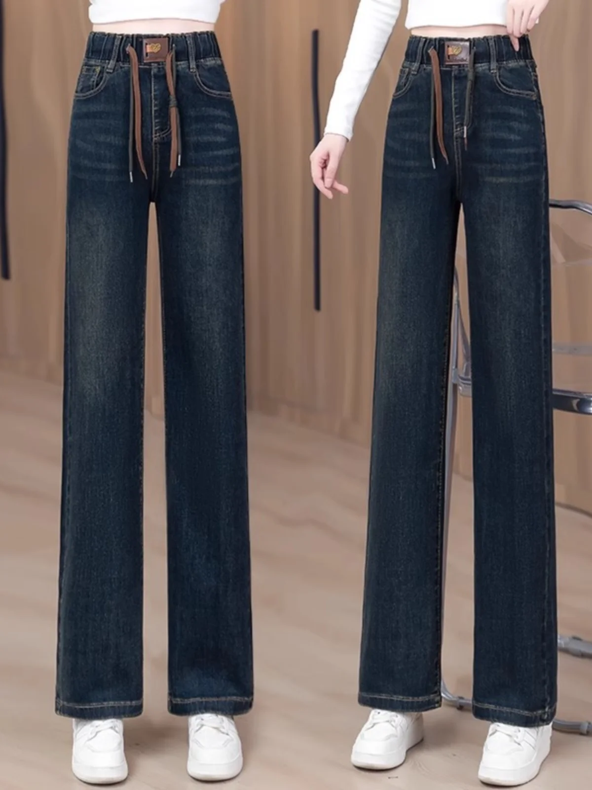 

High Waist Wide Leg Narrow Version Women's Jeans Cement Grey Spring Autumn New Loose Large Size Straight Tube Pants