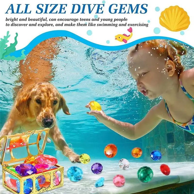 A63T-40Pcs Diving Gem Pool Include Colorful Diamonds Set Dive Treasure Chest Underwater Swimming Gem Pirate Box