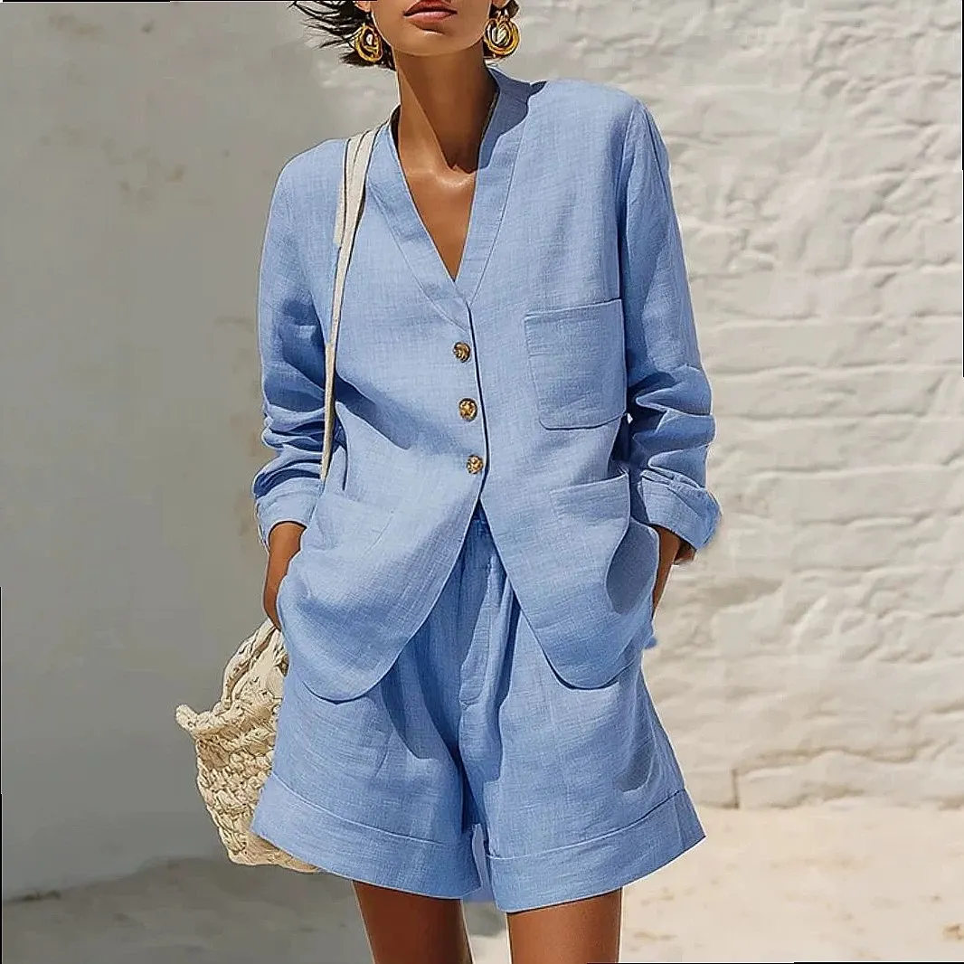 Casual Linen Blazer Matching Set Women Blazers Jumpsuit Pants Suit Loose Pocket 2 Piece Sets