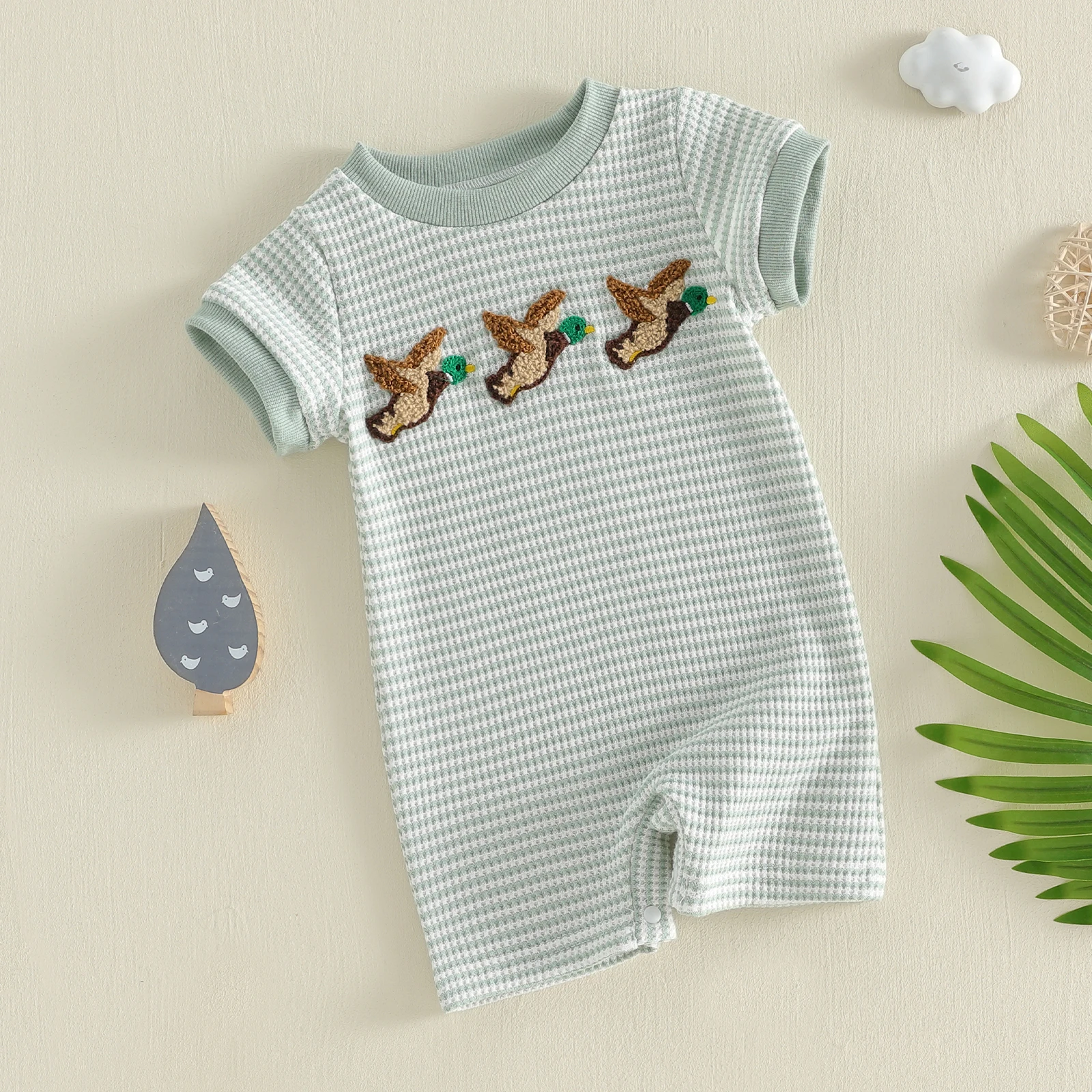 Infant Baby Boy Short Sleeve Romper Jumpsuit Pants Mallard Duck Waffle Knit Outfit Summer 1Piece Clothes