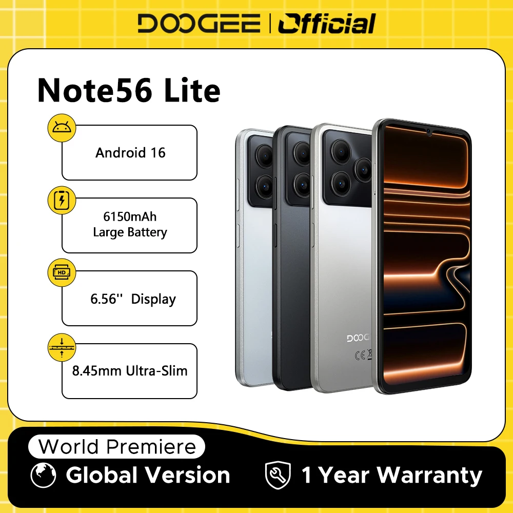 世界初公開 DOOGEE Note56 Lite スマートフォン 6150mAh大容量バッテリー 6.56インチ画面 3GB RAM 32GB ROM Android 16 携帯電話