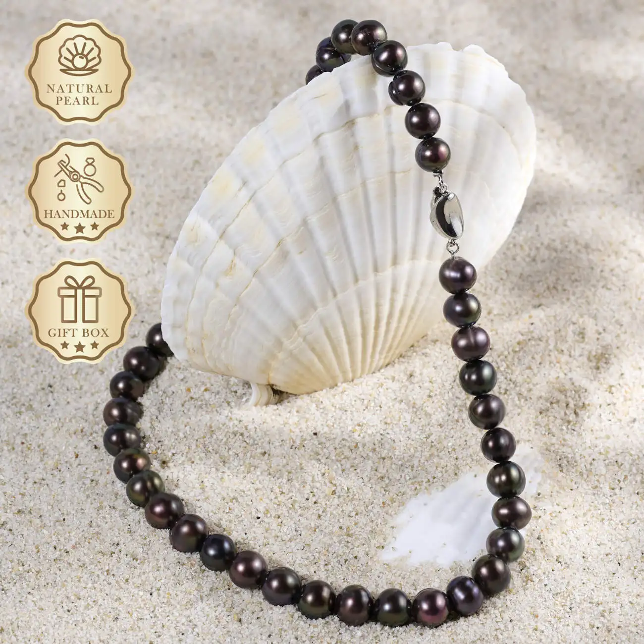 

MYSOYA Iridescent Black Freshwater Pearl Necklace 8–9mm with Ingot Clasp, Gift Box, Ideal Birthday & Anniversary Gift