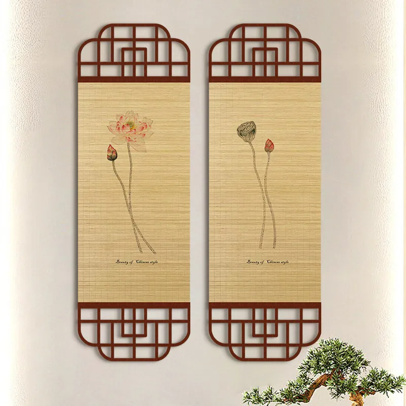 Bamboo Mat Wall Hanging Chinese Lotus Seed Pod Ink Style Art with Wood Lattice Frame for Tea Room and Entryway Decor