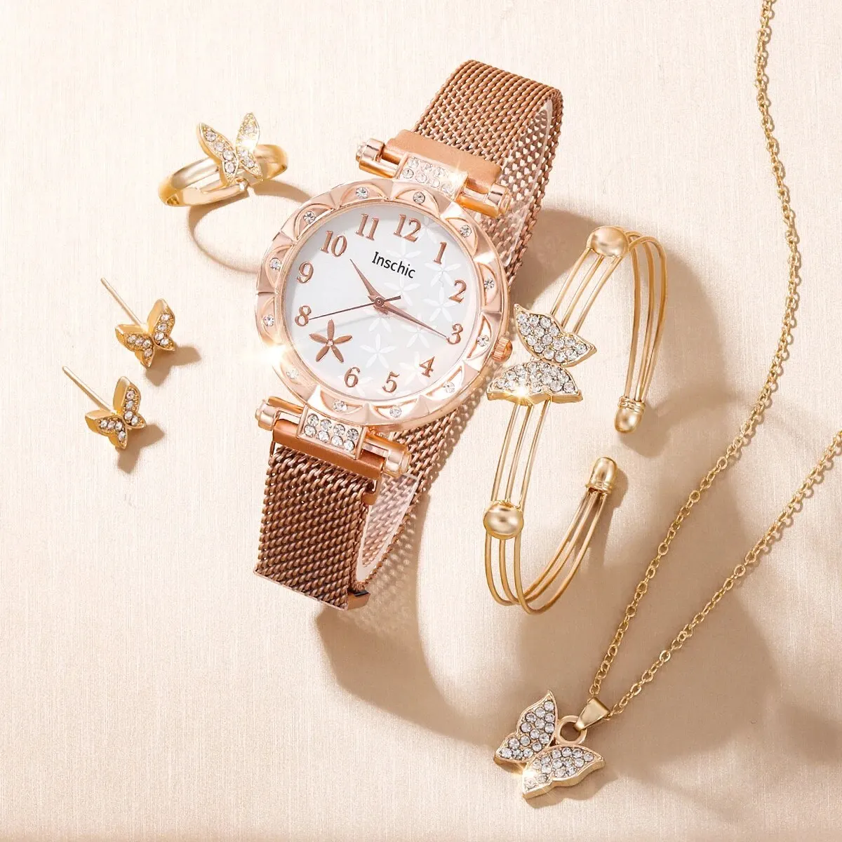 6 PCS New Women's Fashion Digital Rhinestone Star Quartz Watch Luxury Atmosphere Butterfly Jewelry Bracelet Birthday Gift Set