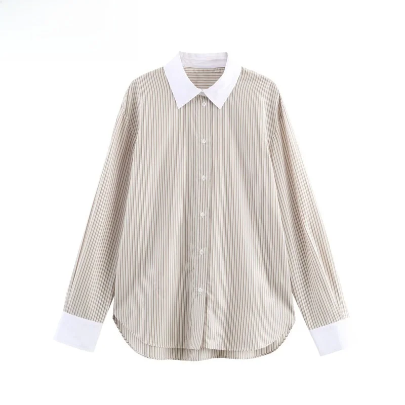 

Faionable Loose Striped Long Sve irt Color Blo Street Sle Women's Autumn New Arrival Breathable Polyester Fiber