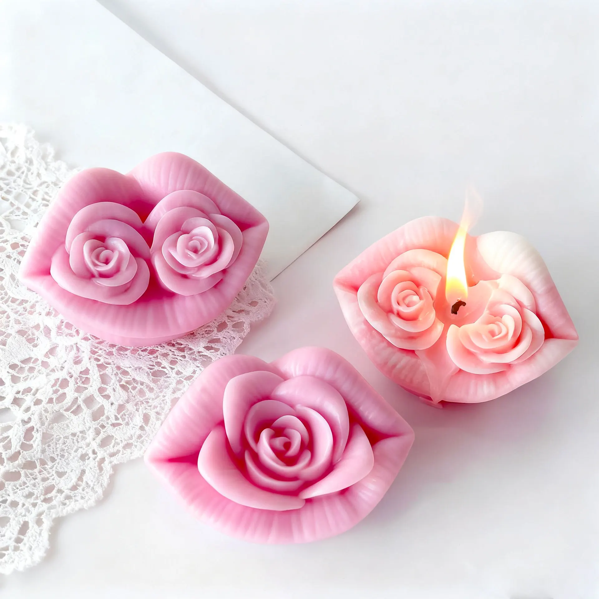 DIY Lips Rose Flower Candle Silicone Mold for Aromatherapy Wax Plaster Diffuser Stone Resin Craft Home Decor