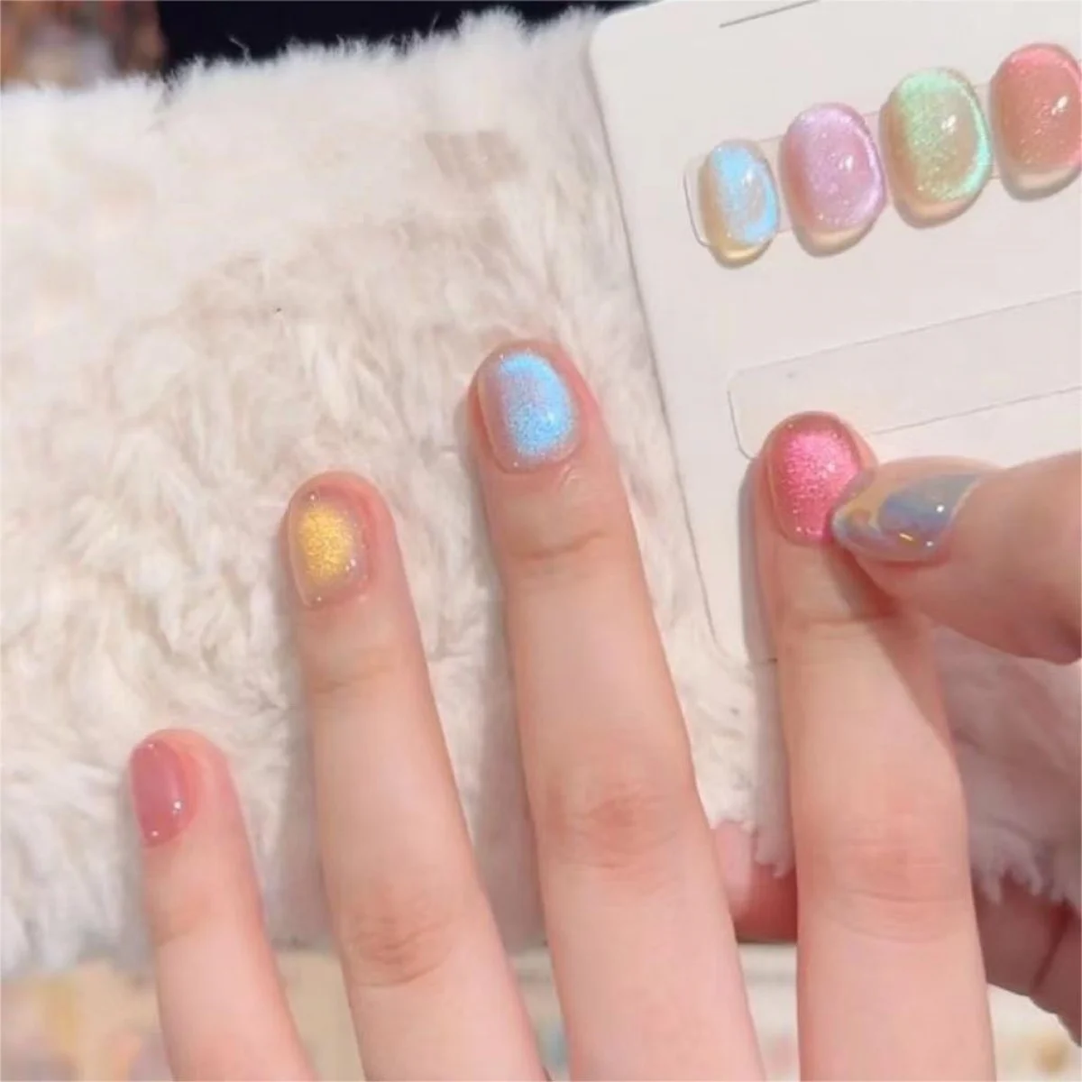 10 pezzi fatti a mano unghie finte arte colorata occhio di gatto corto quadrato copertura completa punte per unghie moda semplice dolce stampa su set di unghie finte