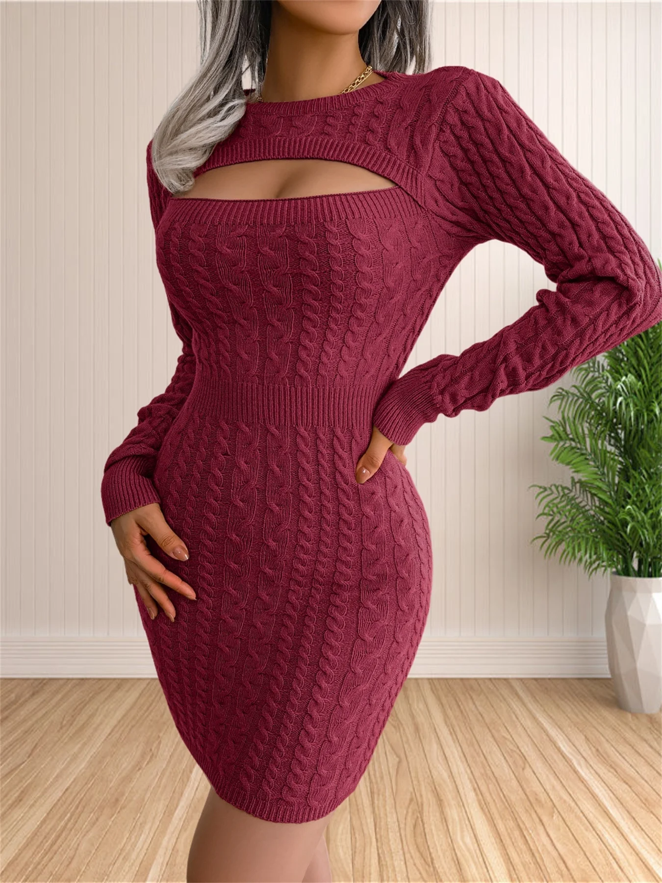 Women\'s Sexy Backless Cable Knit Sweater Dress Long Sleeve Bodycon Midi Dresses for Fall Winter