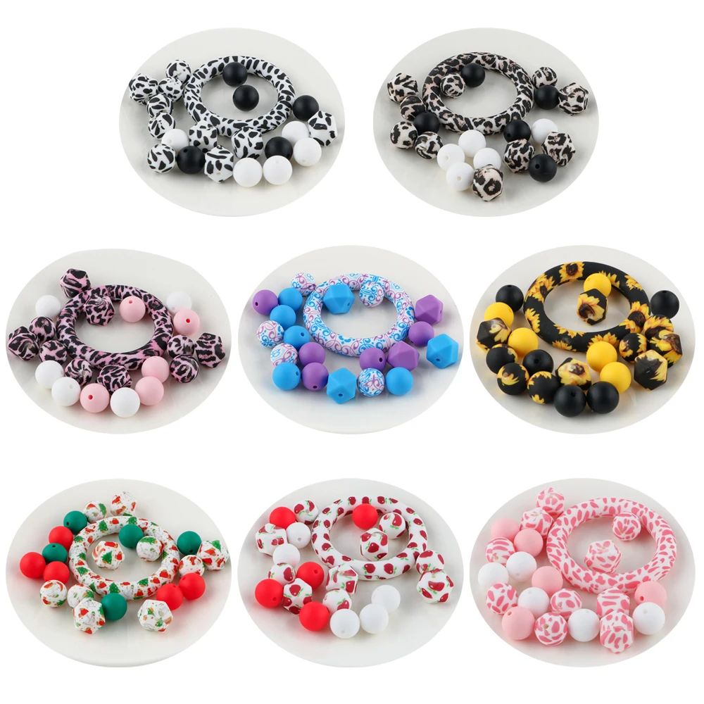 Loose Silicone Bead Set Round Silicone Ring Printed Hexagon Beads DIY Jewelry Accessories For Pendant Making