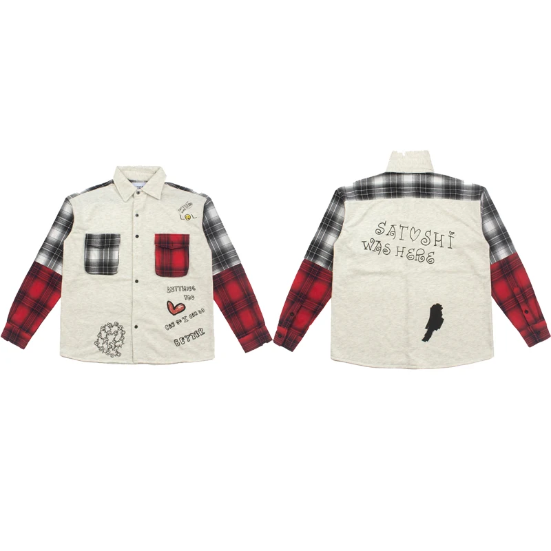American High Street Plaid Spliced Satoshi Nakamoto Long Sleeve Shirt Hand Drawn Graffiti Heart Print Loose Man Woman Coats