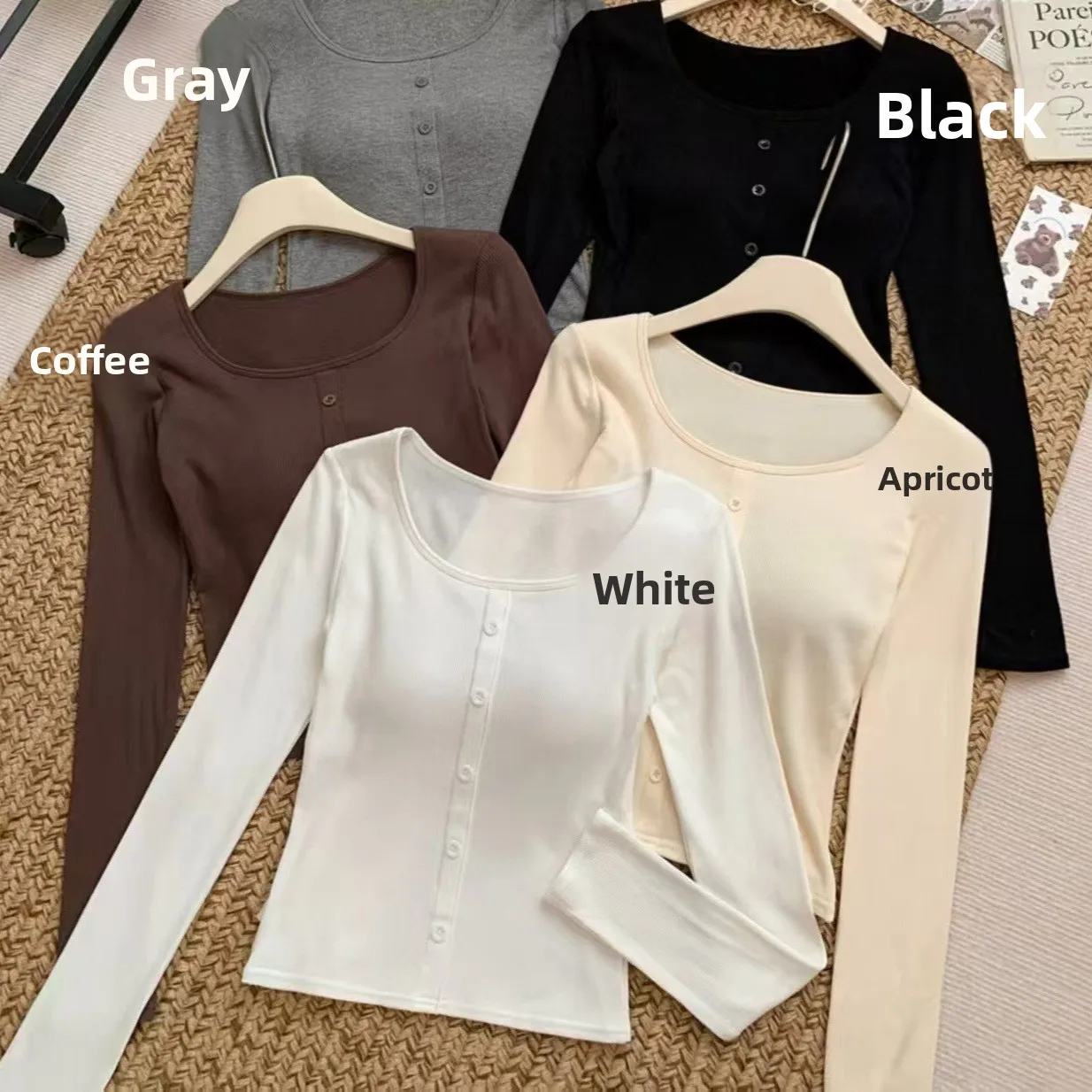 Winter Versatile Long Sleeve Base Shirt Slim Fit Inner Wear Top with Chest Pad Square Collar Can Be Worn outside Cotton High ...