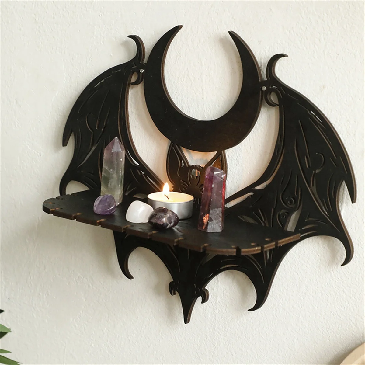 

Black Wooden Wall Shelf Gothic Bat Moon Profiling Hollow Pattern Floating Shelf Crystal Holder Goth Witch Room Decor