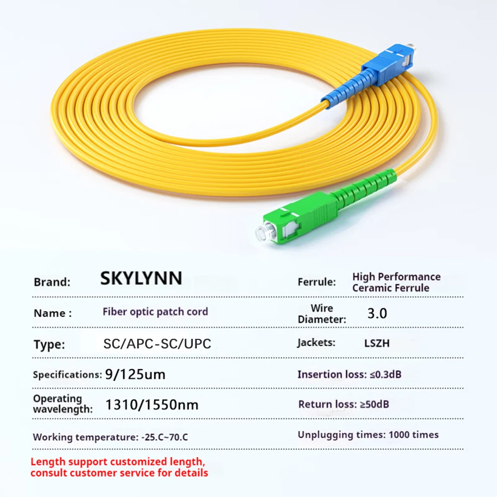 Cabo de fibra óptica grau portador, 10m, sc apc para sc upc, simplex, smf, 9/125μm, 3,0mm