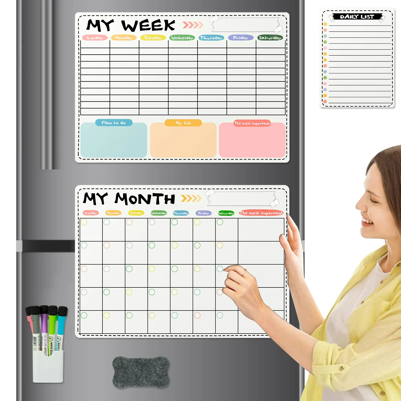 

2Pcs Magnetic Planning Boards for Fridge Transparent Magnetic Calendar Reusable Dry Erase Monthly Weekly Calendar with Memo