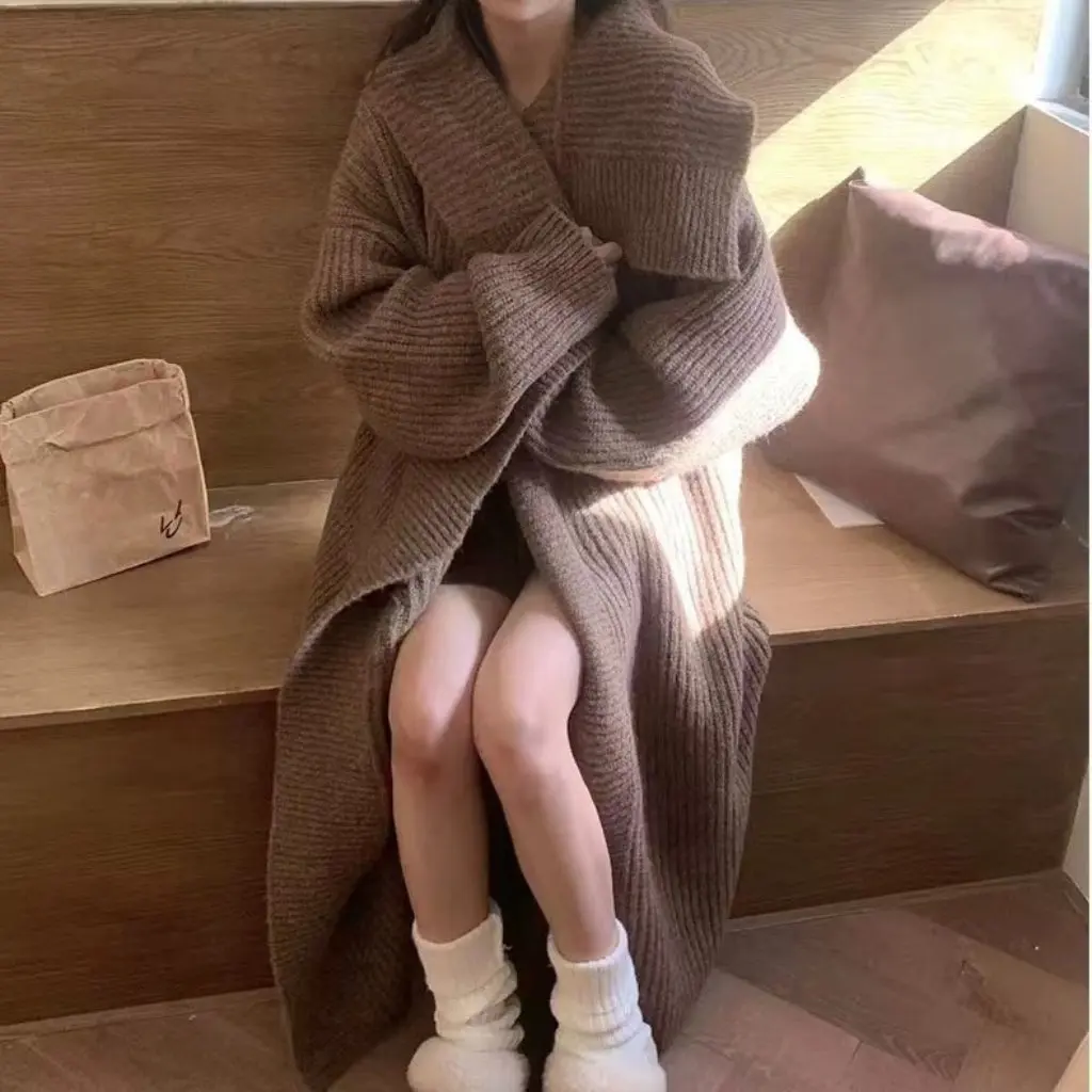 

Women's High-Grade Knitted Long Cardigan Autumn Winter Elegant Outerwear Lazy Style All-match Sweater Coat
