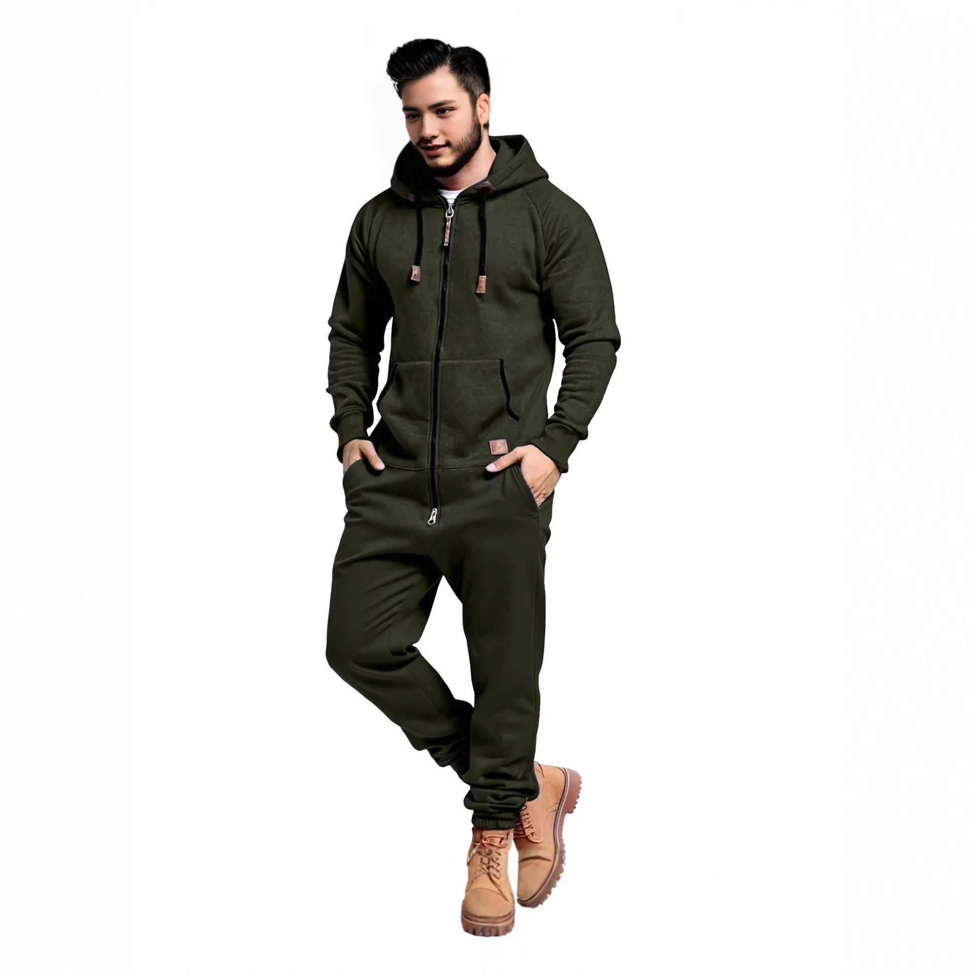 New men's work clothes hooded one-piece sweatshirt suit, zipper hood design, one-piece casual sports suit