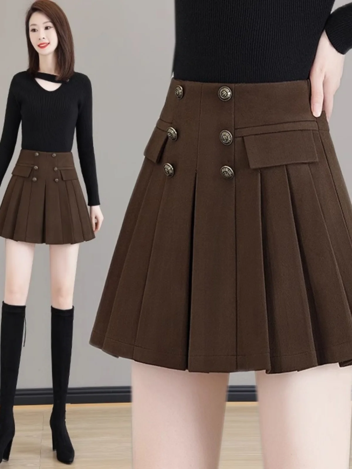 High Waist A-Line  Skirt Women's Spring Autumn Winter Wool Pleated Skirts Anti-Light Fluffy Short Skirts Commute Style