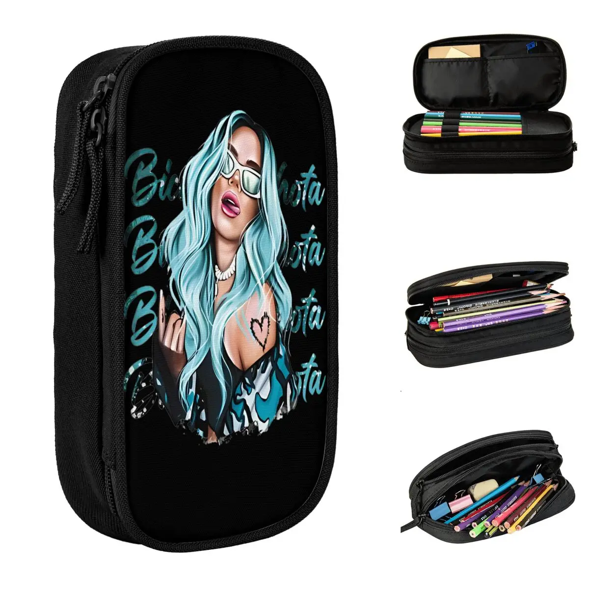 Fashion Karol G With Blue Hair Pencil Case Music Pencilcases Pen for Girls Boys Big Capacity Bag Students Zipper Accessories