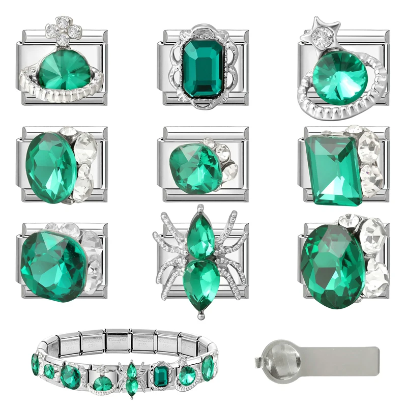 Y2K Bright Zircon Gems Emerald Italian Charm Links Fit 9mm Stainless Steel Bracelet Women Men DIY Making Gift Wholesale