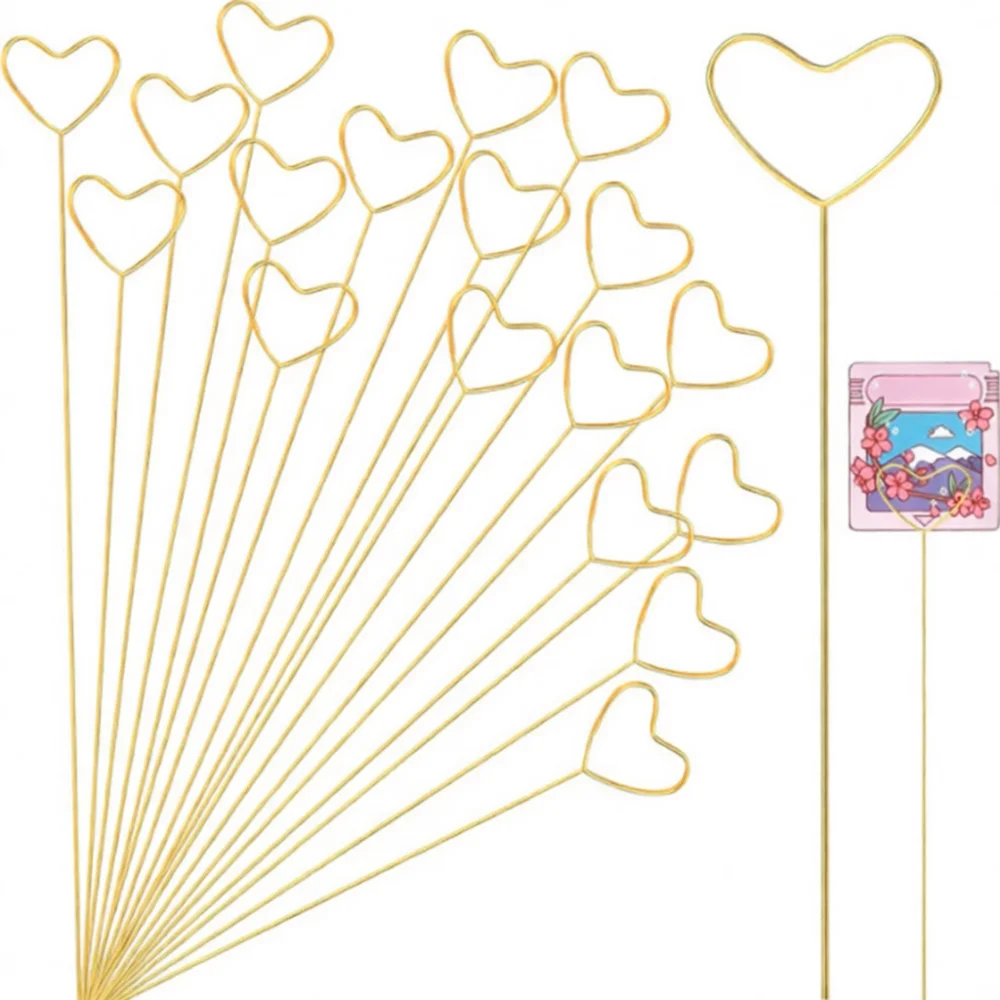 Floral Picks Wood - Altın Metal Çiçek İşareti Tutucu Düğün