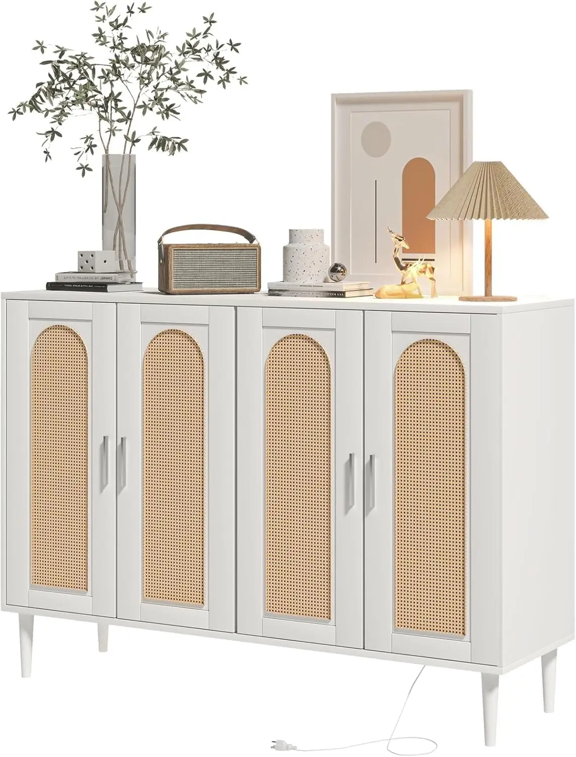 Rattan Sideboard Buffet Cabinet with Storage, Console Table Coffee Bar w/Power Outlet, 4 Doors Accent Cabinet w/Adjustable Shelv