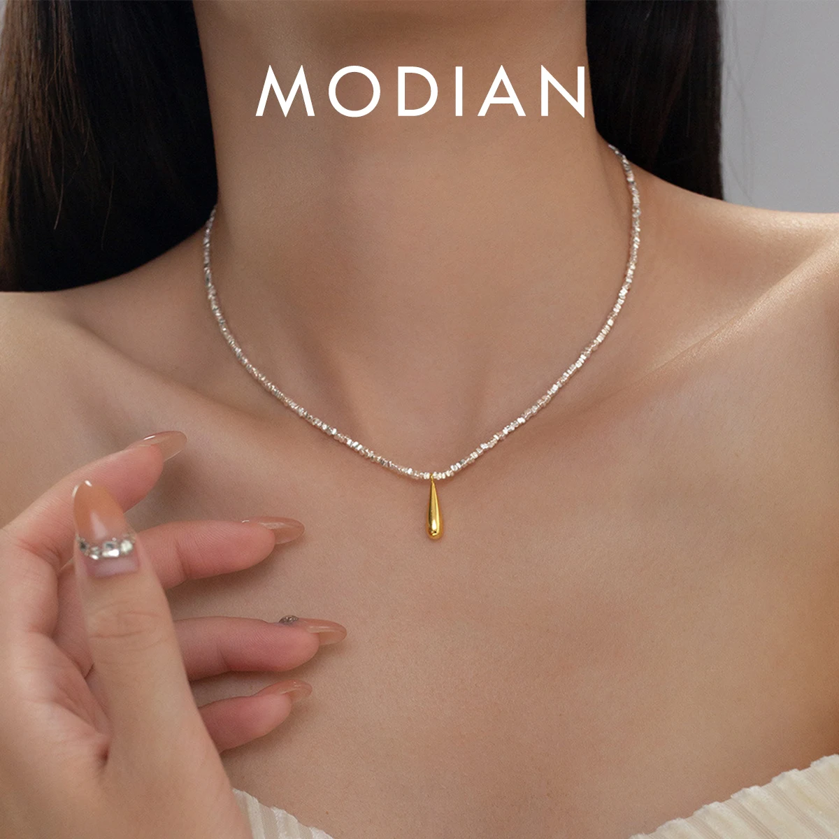 MODIAN 925 Sterling srebrny geometryczny naszyjnik z łańcuszkiem z ogniwami klasyczny złoty kolor kropla wody wisiorek dla kobiet szlachetna biżuteria