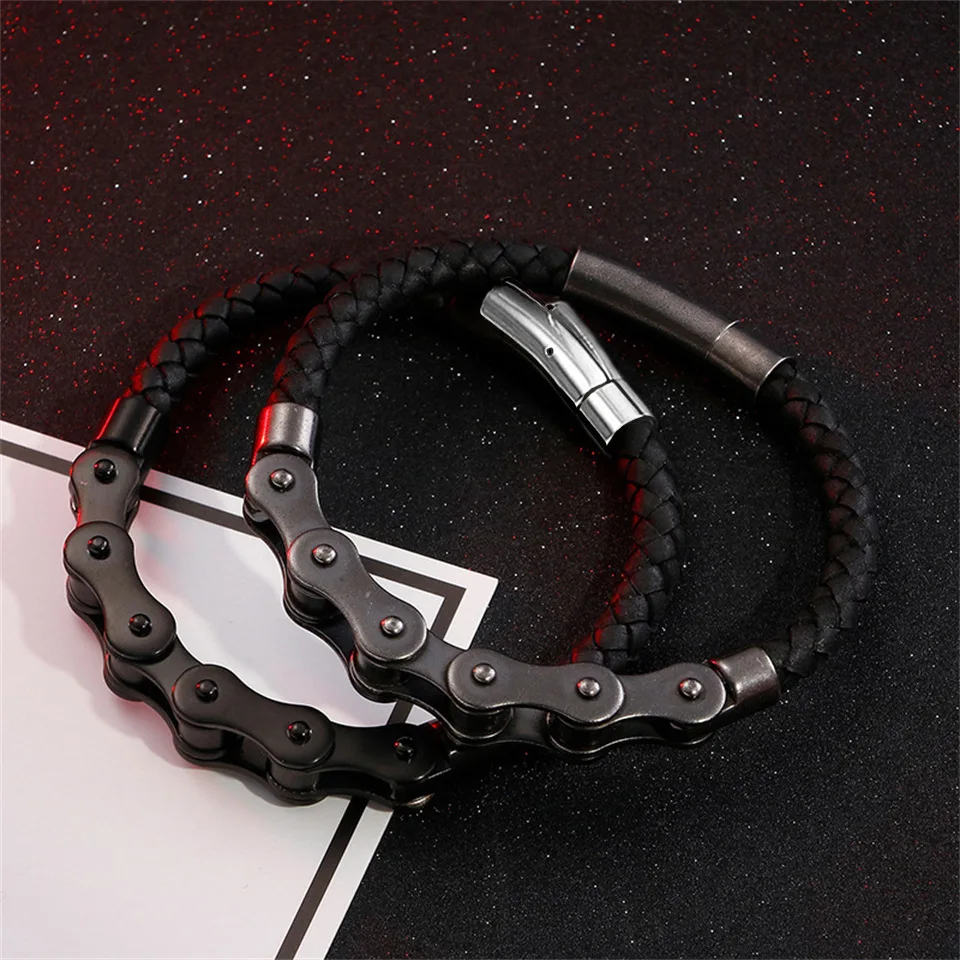 Bicycle Chain Leather Bracelet European and American Trendy Motorcycle Fashion Bangle Versatile Jewelry Accessory for Male