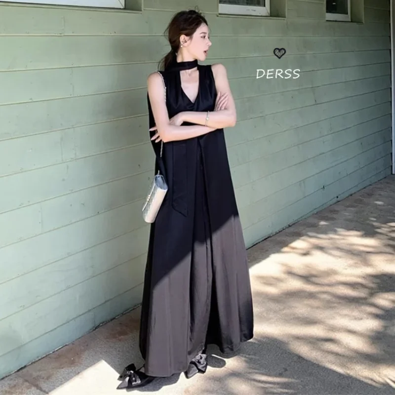 

Korean Women Black Dress V-neck Temperament Pure Vest Summer High Sense Loose Versatile Casual Elegant Female Solid Long Dresses