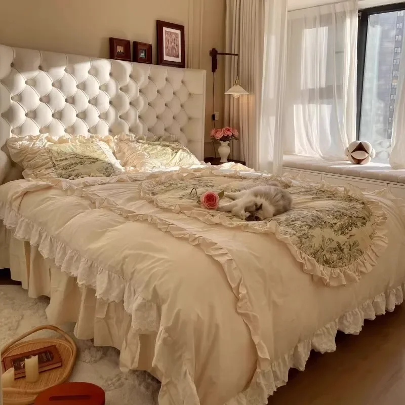 for French Buckle Leather Art Bed Retro Master Bedroom Wedding Bed Nordic Cream Light Luxury Soft Bag Solid Wood Double Bed