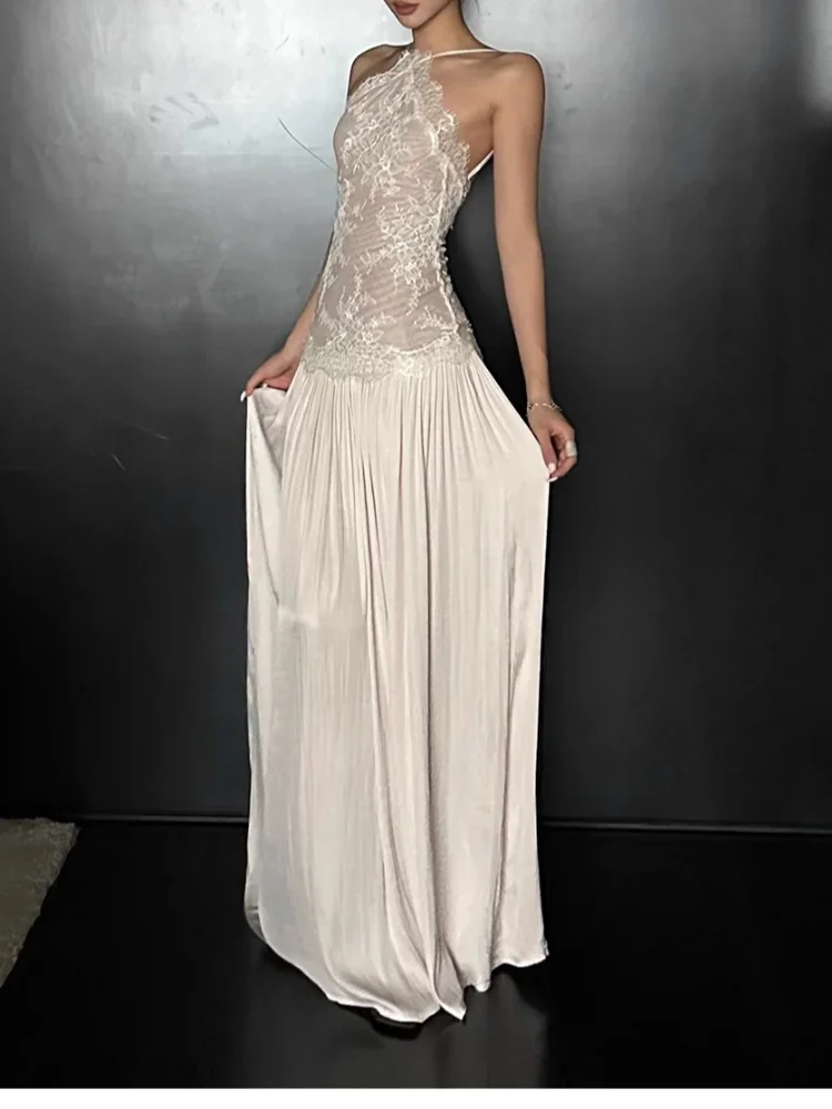 

Sexy White Lace Long Dress for Women, Sleeveless Backless Slit Party Dress 2026