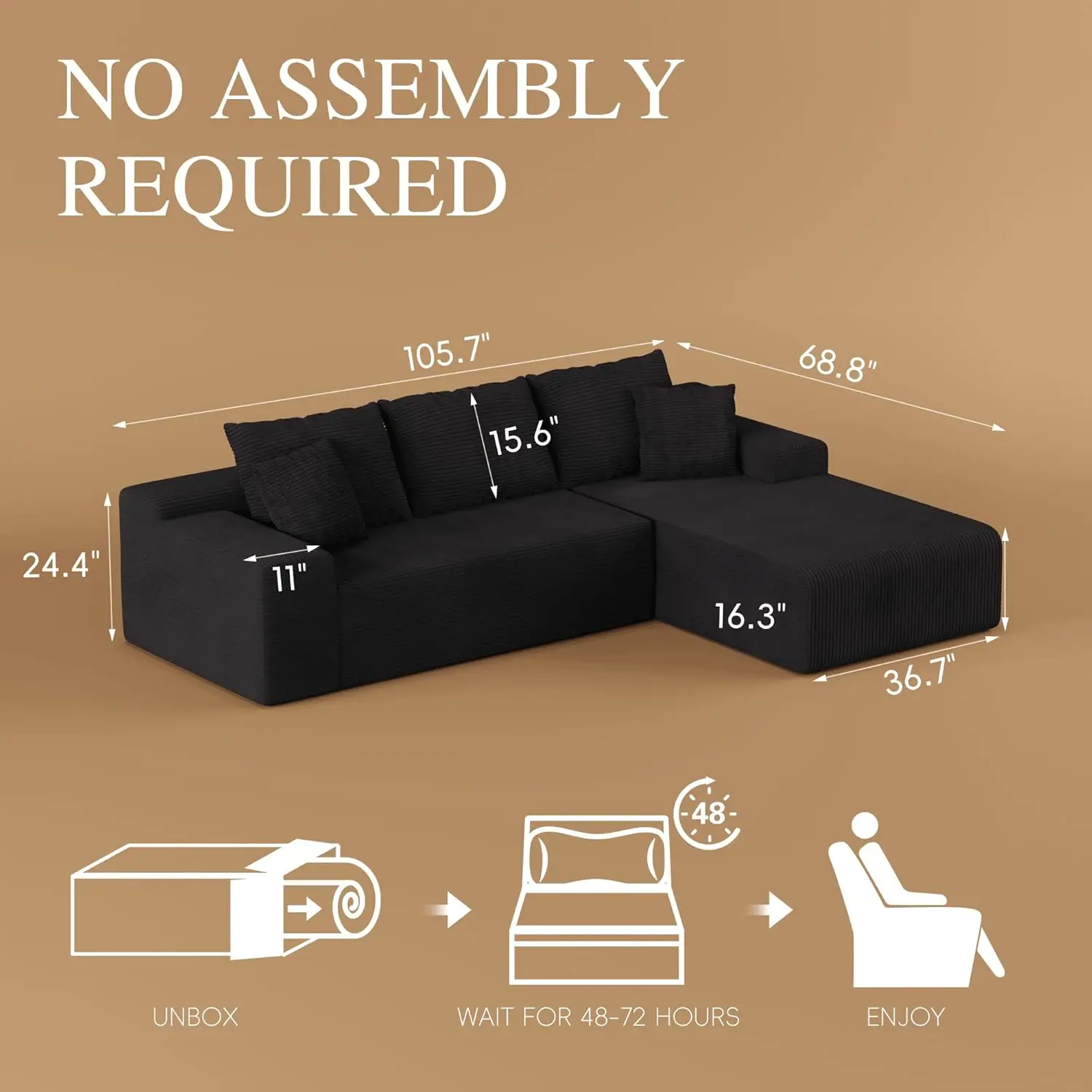 Sofá Modular Seccional de 106 Polegadas com Assento Profundo em L, Chaise para Sala de Estar e Quarto, Preto Personalizado
