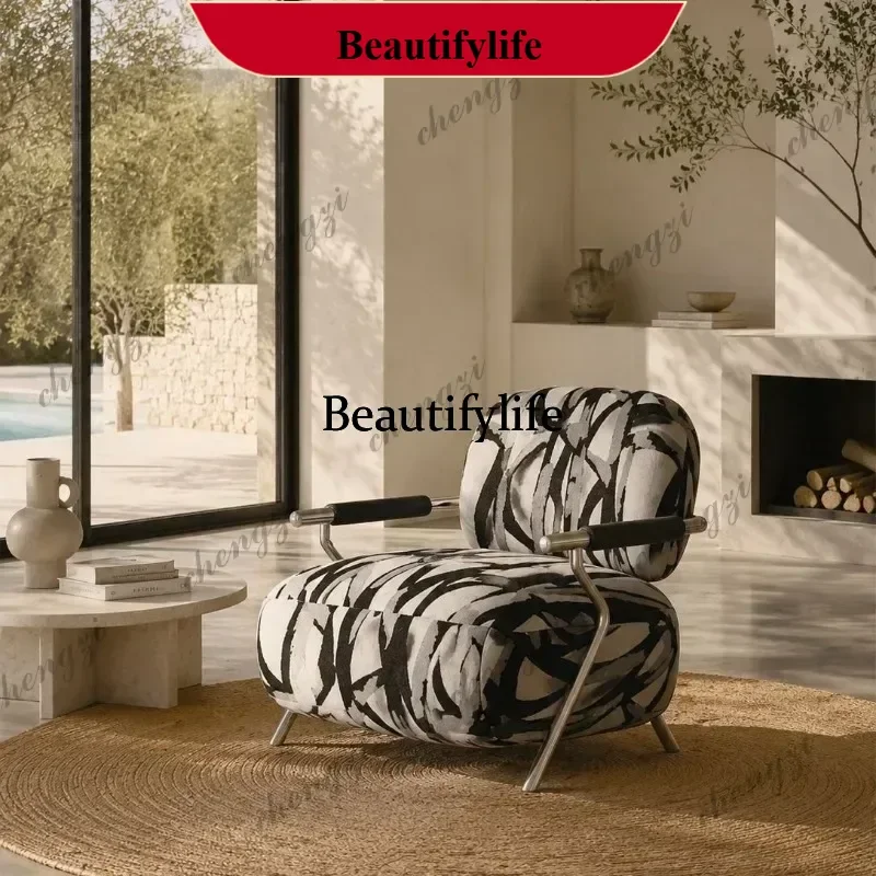 Medieval single sofa chair retro living room balcony stainless steel fabric leisure chair m138