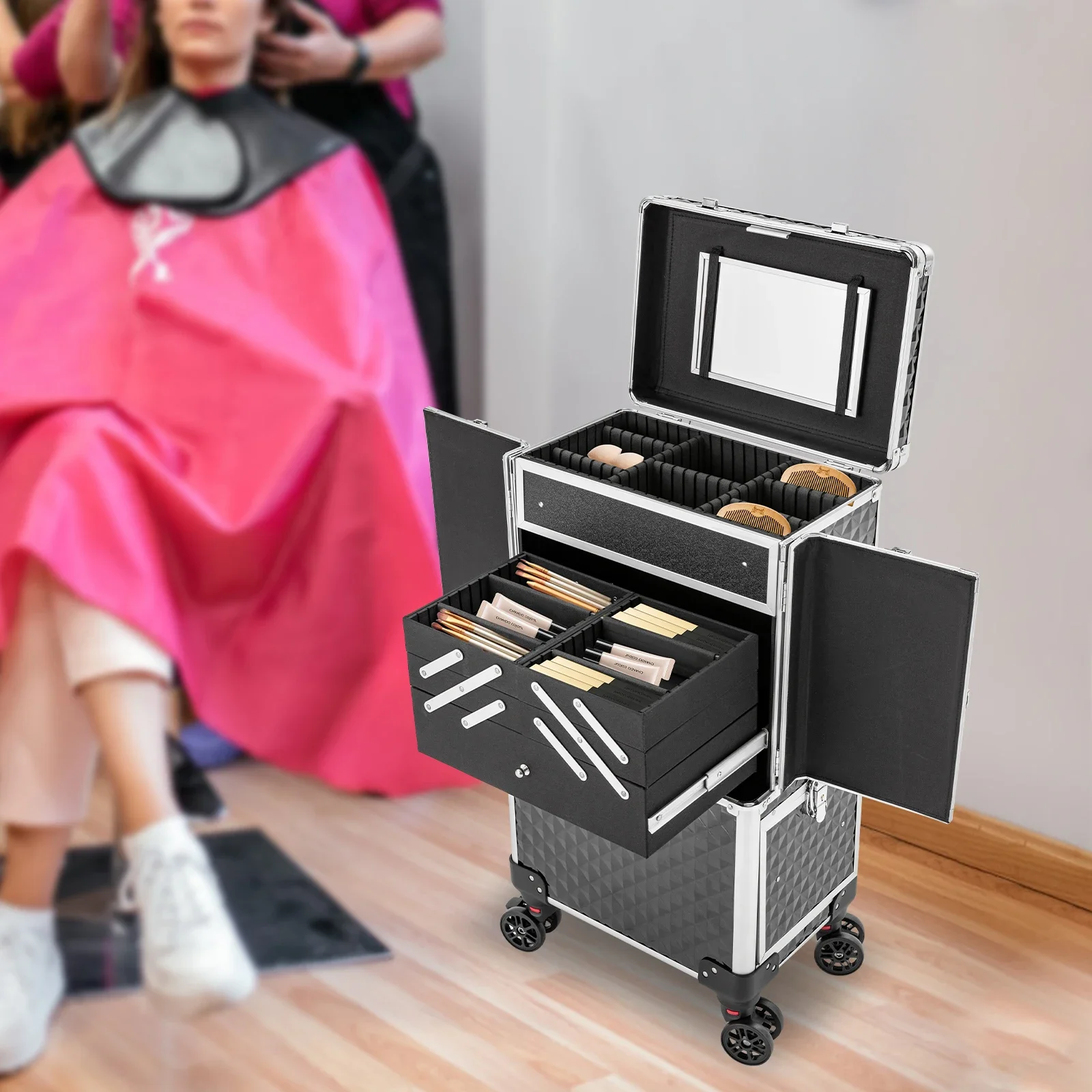 Cosmetologist's Rolling Makeup Case – Spacious, Secure, and Easy to Clean for Effortless Transport