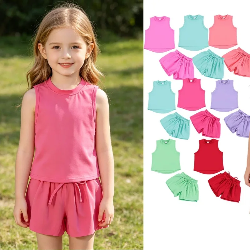 

Girls' T-shirt and Shorts Set 2026 Summer New Blue Fashion Cute Children's Yoga Clothes Quick drying Breathable Girls' Tank Top