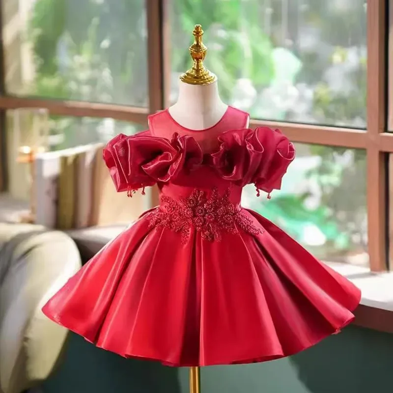Birthday Party Girls Dress A4355 Vestidos Bridesmaid Dresses New Children's Red Evening Gown Host Piano Performance Wedding