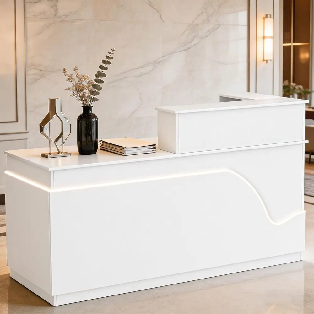 

Modern White High Gloss L-Shaped Desk with LED Lights, Lockable Drawer, Storage Cabinet, Keyboard Tray, and Cable Management for