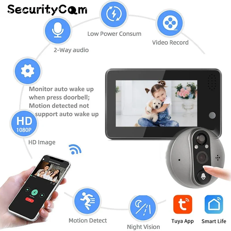 Tuya 3MP smart home Doorbell Peephole Camera WiFi Video 1080P Eye 5000mAh No Feel PIR Motion Alarm Alexa Security Door