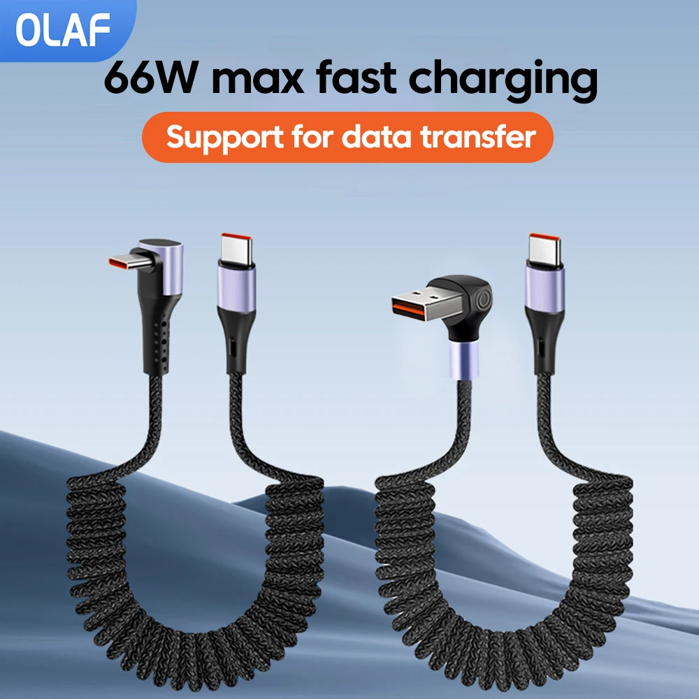 20CM To 1.2M Car Spring Cable 66W Fast Charging USB Type C TO Type C Cable For iPhone 16 15 Huawei Xiaomi Samsung USB C Cable