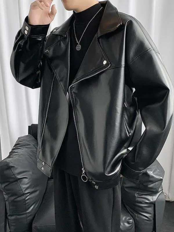 

Korean Sle Fce Lined Thiened Biker Leather Jaet Men's Loose Fit Autumn Winter New Faion Couple's Outerwear