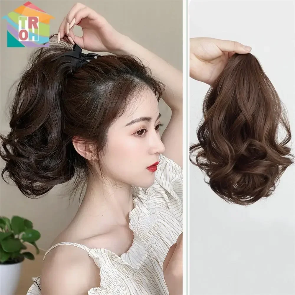 Mid-Length Synthetic Ponytail Wig Short Curly Hair Big Waves Strap Style Hairpiece for Women Natural Look Easy Wear