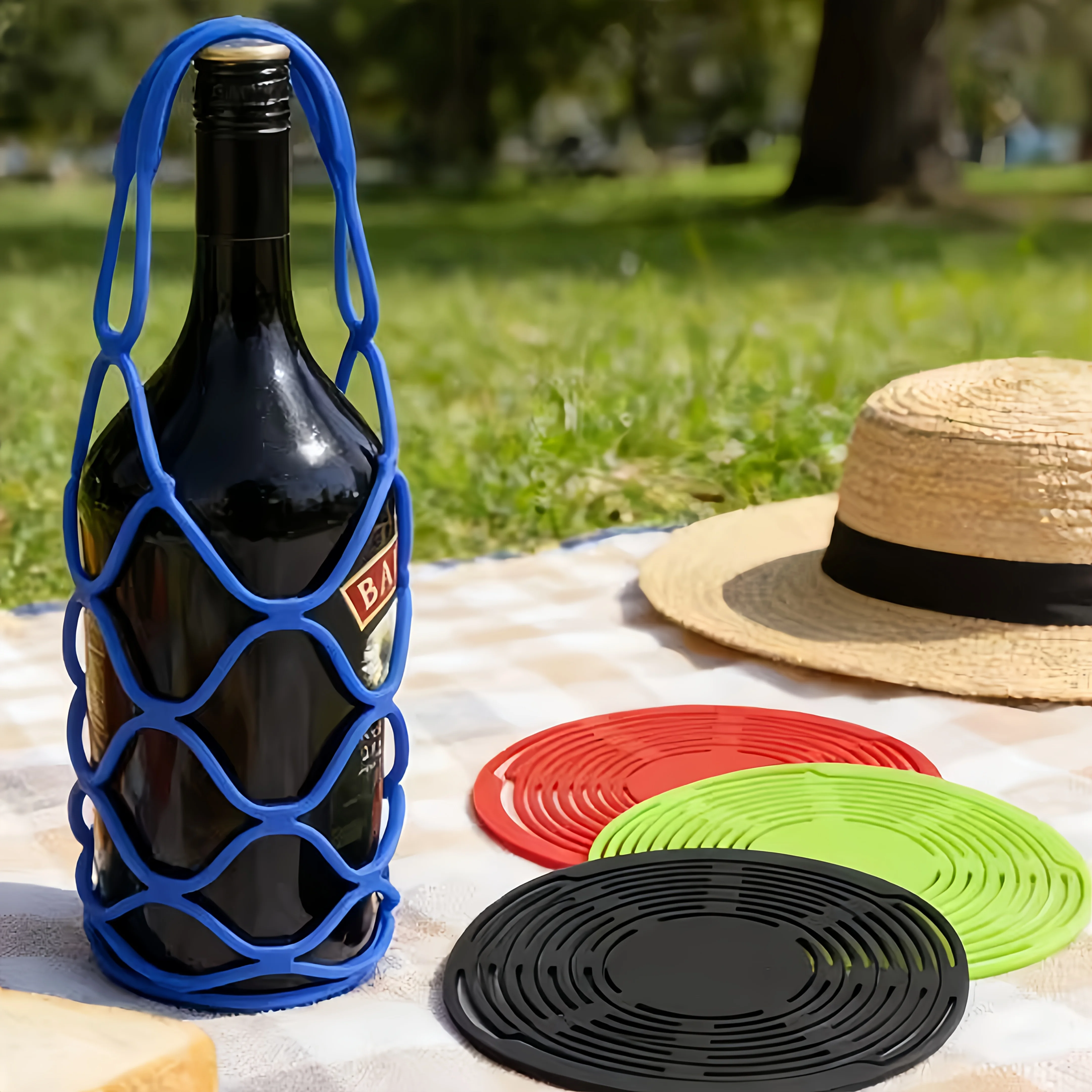1Pc 2-in-1 Silicone Coaster Foldable Wine Bottle Holder, Reusable Heat Insulation Pad for Home Camping, Random Color Gift