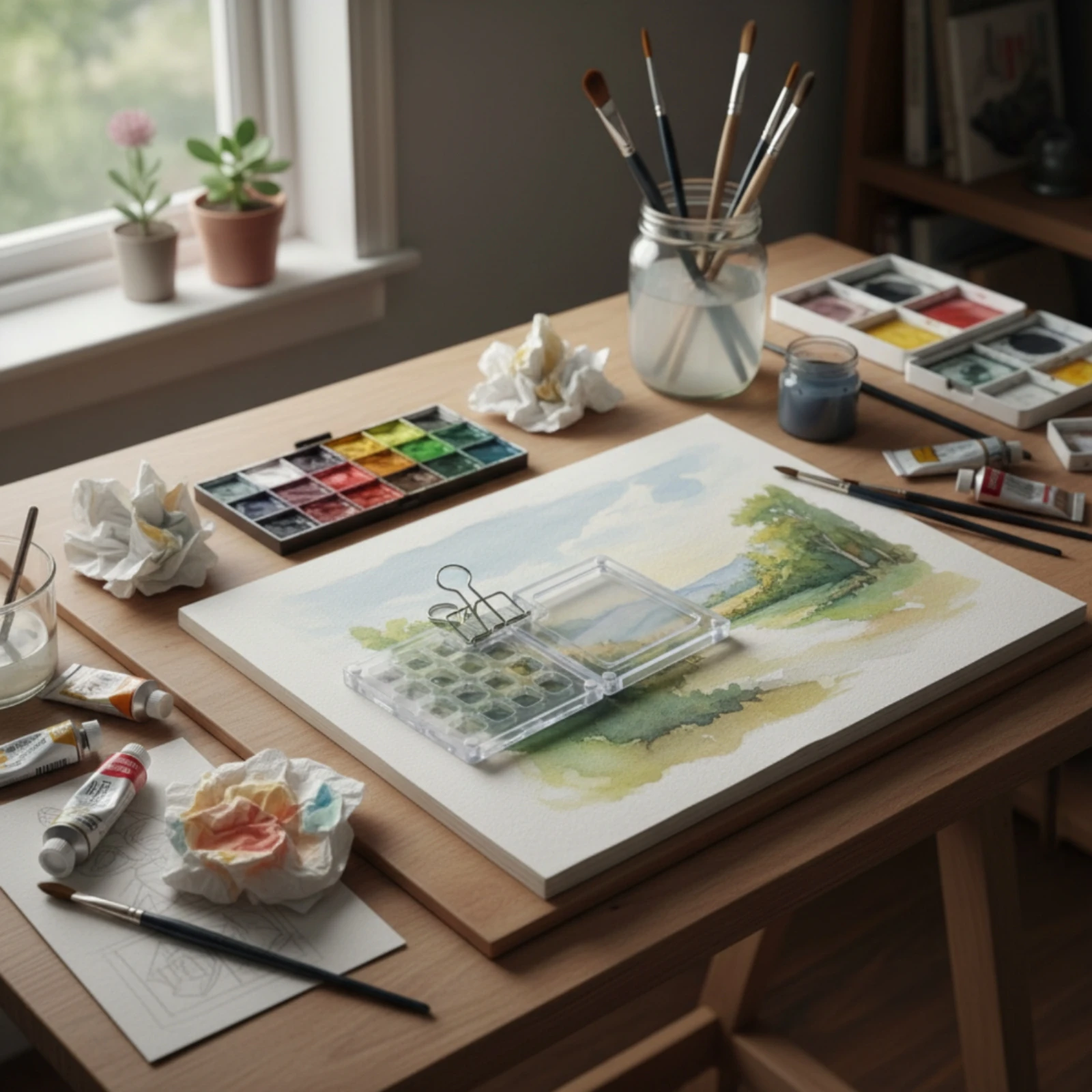 Watercolor Palette with Metal Clip Portable Acrylic Palette Box Art Supply Travel-Friendly Clear for Artists, Outdoor Painting