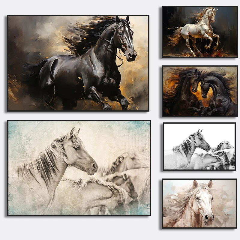 Wild Animal Horse Poster Black Horse White Horse Canvas Painting Print Wall Art Picture for Study Office Living Room Home Decor